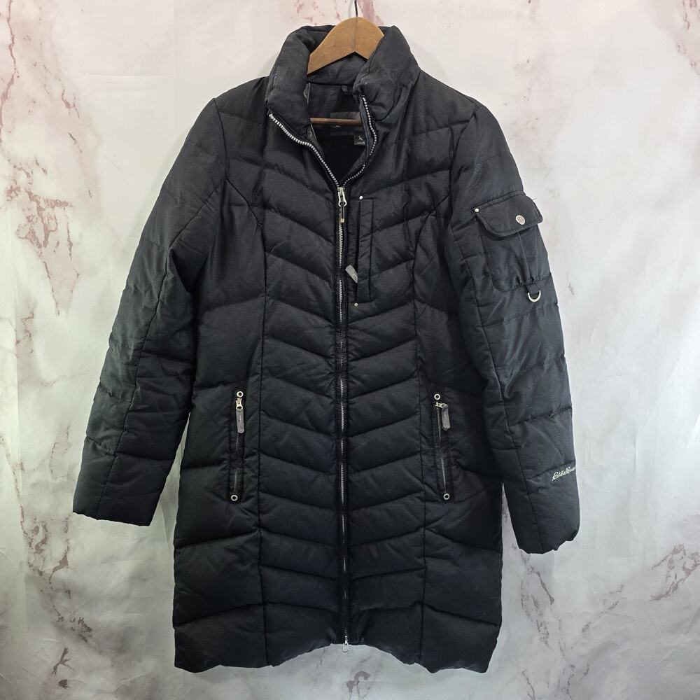 Eddie Bauer Down Puffer Jacket Womens Small Black Parka Coat Long Fleece Lined